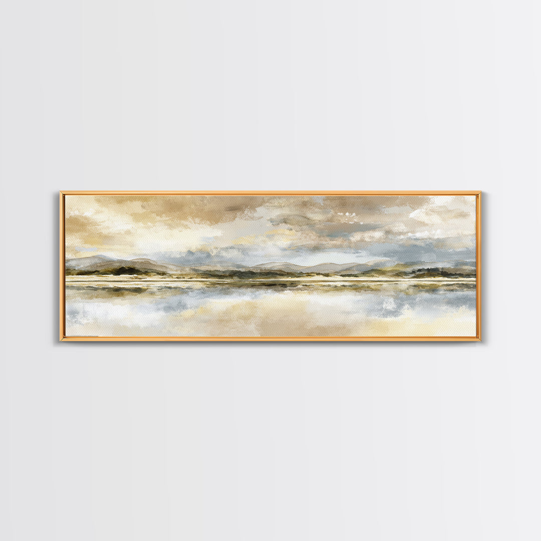 Calming Lake Reflection Framed Canvas Print, Above Bed Art, Printable Wall Art, Bedroom Decor, Oil Painting, Serenity, ABA-3x1-51