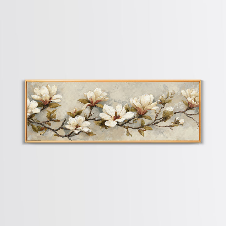 Delicate Magnolia Branch on Cream Background Canvas Print, Above Bed Art, Textured Painting, Bedroom Decor, Serenity, ABA-3x1-56