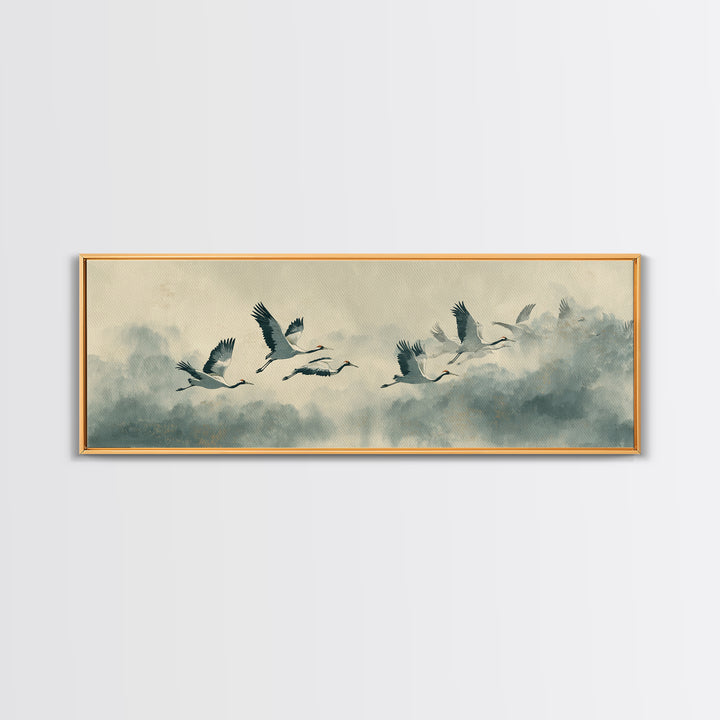 Ethereal Cranes Flying Through Pale Morning Mist Canvas Print, Above Bed Art, Living Room Wall Art, Bedroom Decor, Serenity, ABA-3x1-73