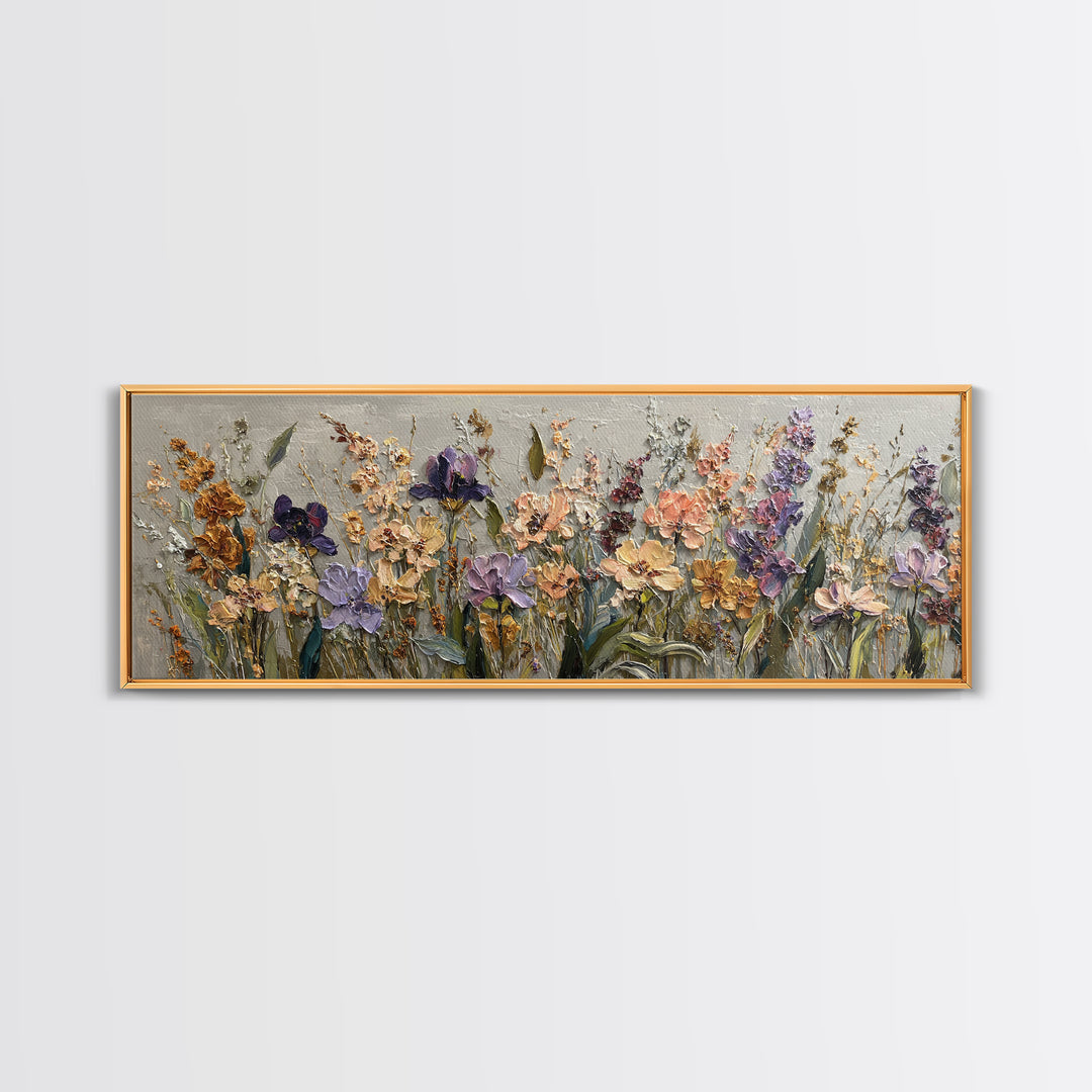 Wide Meadow of Muted Wildflowers at Dusk Framed Canvas Print, Above Bed Art, Whimsical Decor, Bedroom Decor, Fine Art, Serenity, ABA-3x1-74