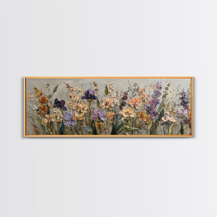 Wide Meadow of Muted Wildflowers at Dusk Framed Canvas Print, Above Bed Art, Whimsical Decor, Bedroom Decor, Fine Art, Serenity, ABA-3x1-74