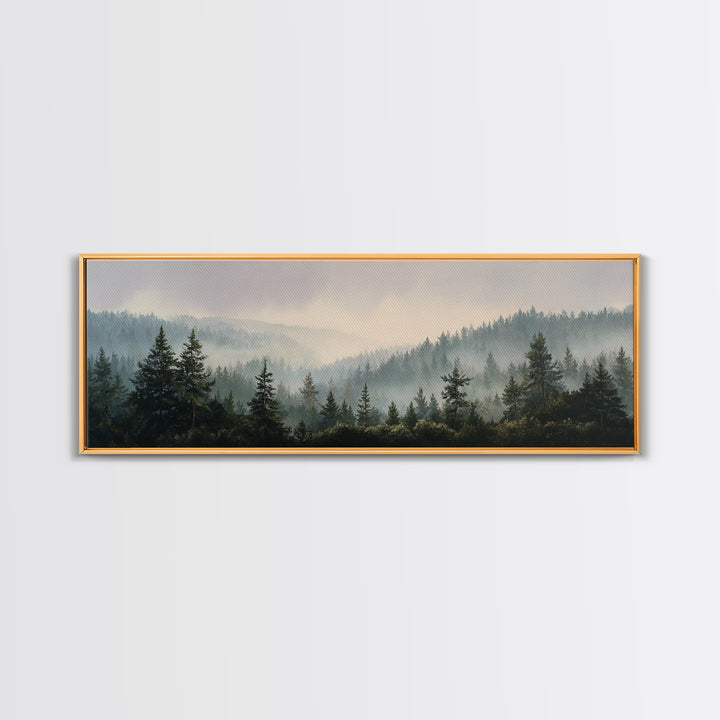Quiet Forest Ridge Softened by Fog Canvas Print, Above Bed Art, Digital Prints, Bedroom Decor, Oil Painting, Serenity, ABA-3x1-78