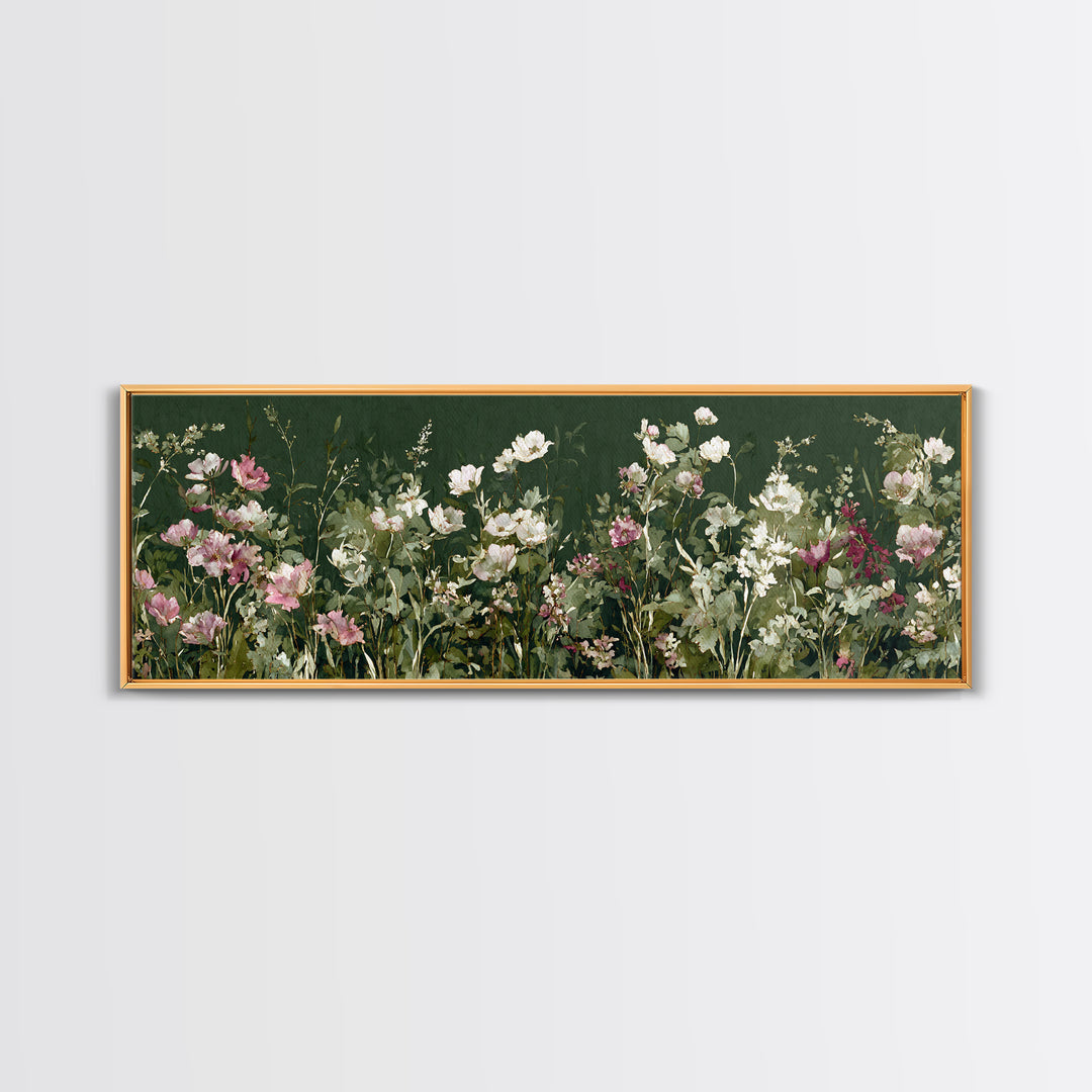 Wide Meadow of Muted Wildflowers at Dusk Canvas Print, Above Bed Art, Boho Wall Decor, Bedroom Decor, Oil Painting, Serenity, ABA-3x1-98