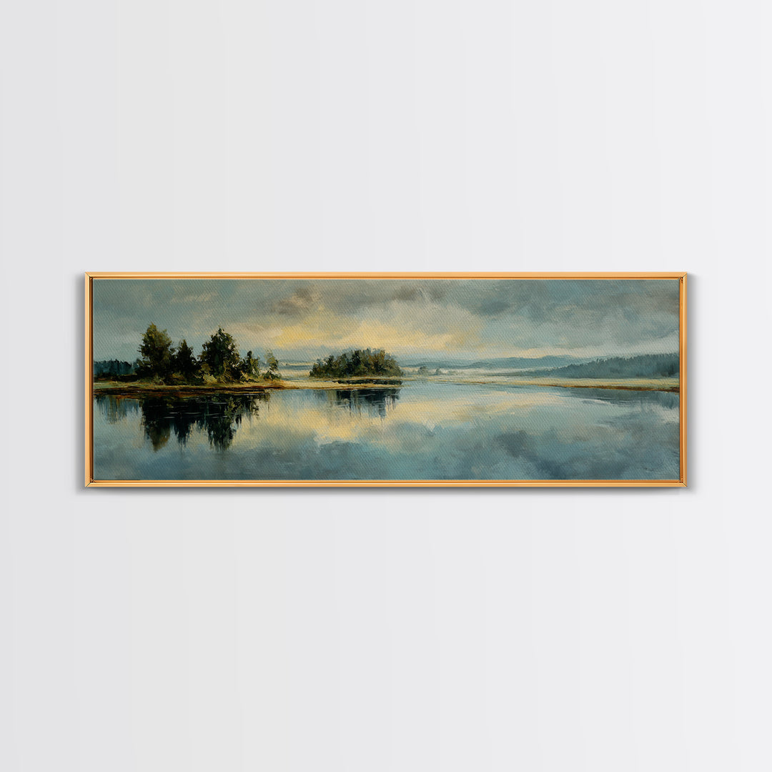 Calming Lake Reflection Framed Canvas Print, Above Bed Art, Bedroom Decor, Oil Painting, Serenity, Canvas Wall Art, ABA-3x1-99