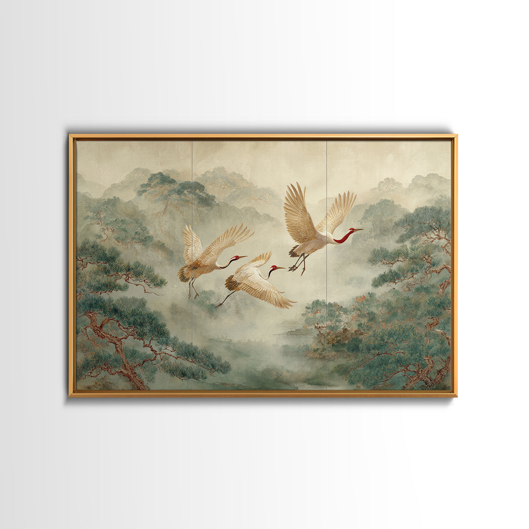 Ethereal Cranes Flying Through Pale Morning Mist Canvas Print, Above Bed Art, Living Room Decor, Bedroom Decor, Serenity, ABA-3x2-13
