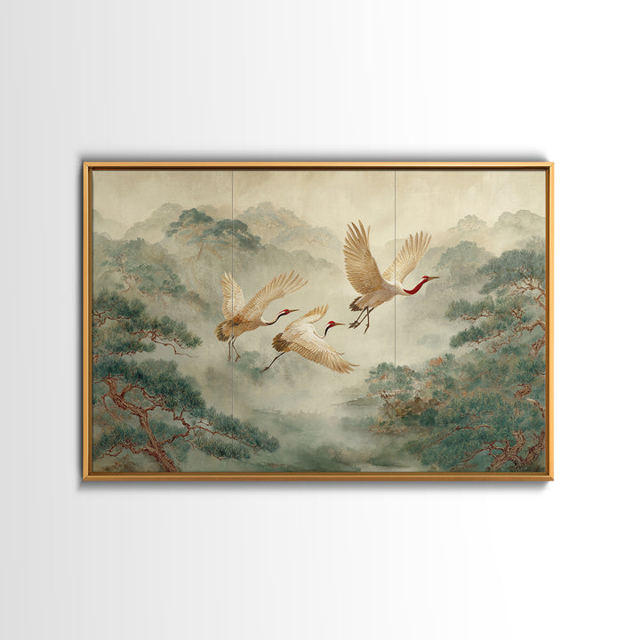 Ethereal Cranes Flying Through Pale Morning Mist Canvas Print, Above Bed Art, Living Room Decor, Bedroom Decor, Serenity, ABA-3x2-13