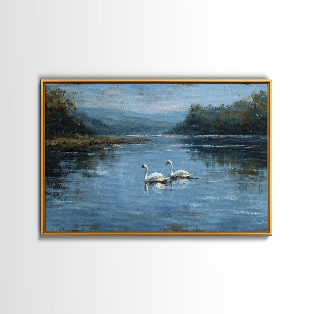 Paired Swans in a Dreamy Painterly Lake Framed Canvas Print, Above Bed Art, Printable Wall Art, Bedroom Decor, Serenity, ABA-3x2-2