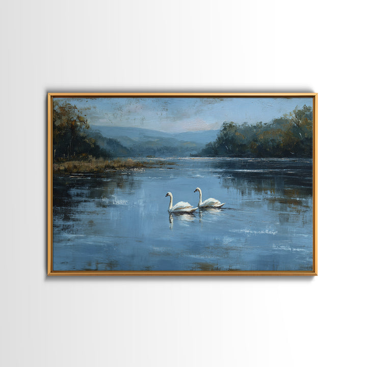 Paired Swans in a Dreamy Painterly Lake Framed Canvas Print, Above Bed Art, Printable Wall Art, Bedroom Decor, Serenity, ABA-3x2-2