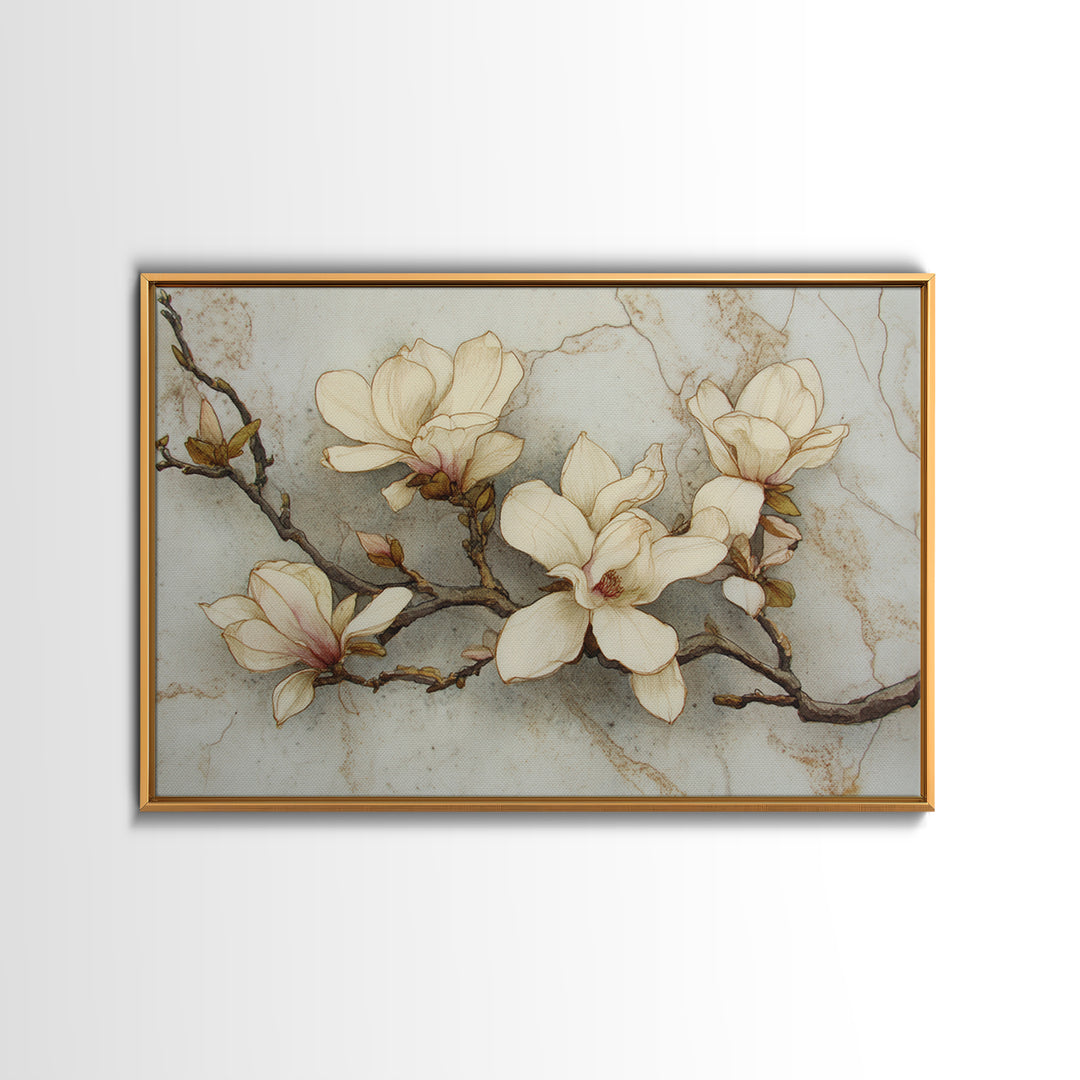 Delicate Magnolia Branch on Cream Background Framed Canvas Print, Above Bed Art, Printable Art, Bedroom Decor, Watercolor Art, ABA-3x2-20