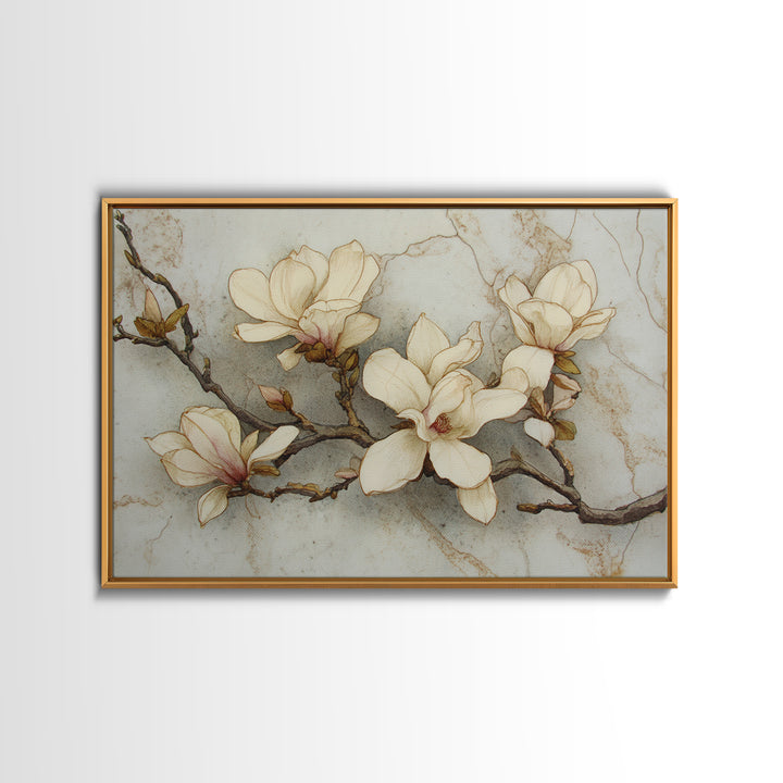 Delicate Magnolia Branch on Cream Background Framed Canvas Print, Above Bed Art, Printable Art, Bedroom Decor, Watercolor Art, ABA-3x2-20
