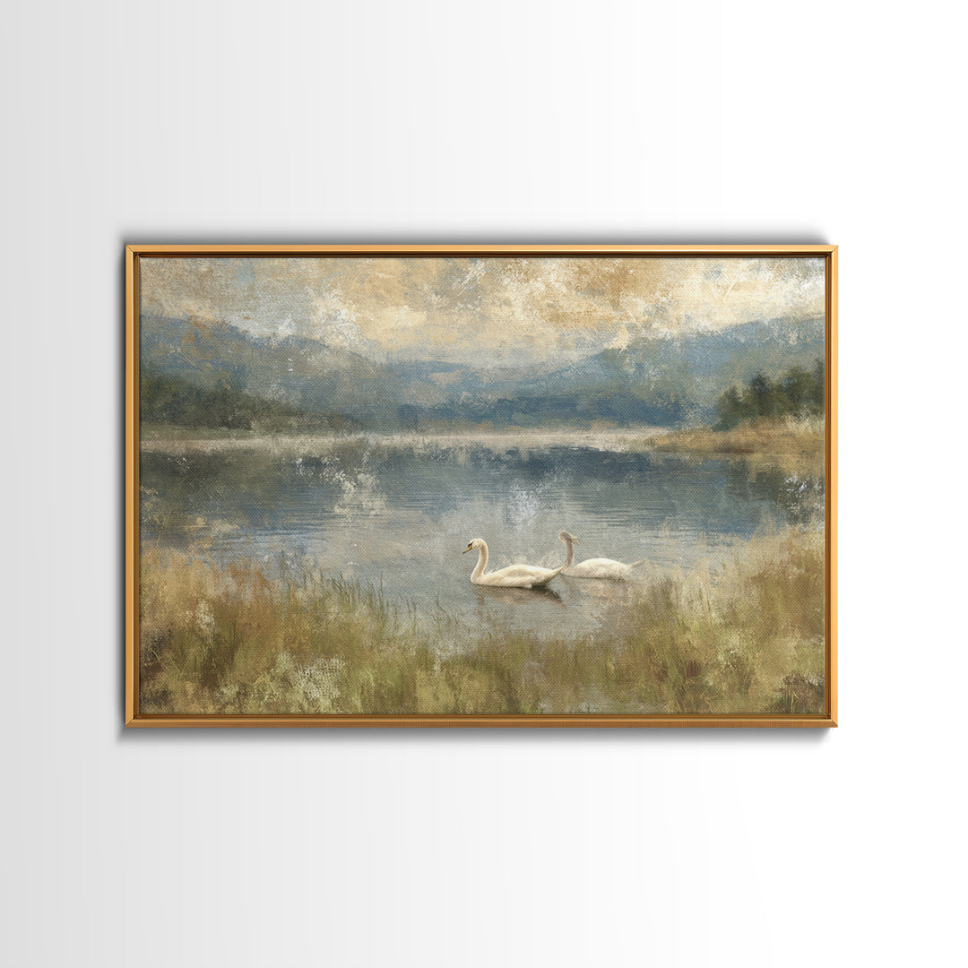 Paired Swans in a Dreamy Painterly Lake Canvas Print, Above Bed Art, Canvas Wall Art, Bedroom Decor, Watercolor Art, Serenity, ABA-3x2-26