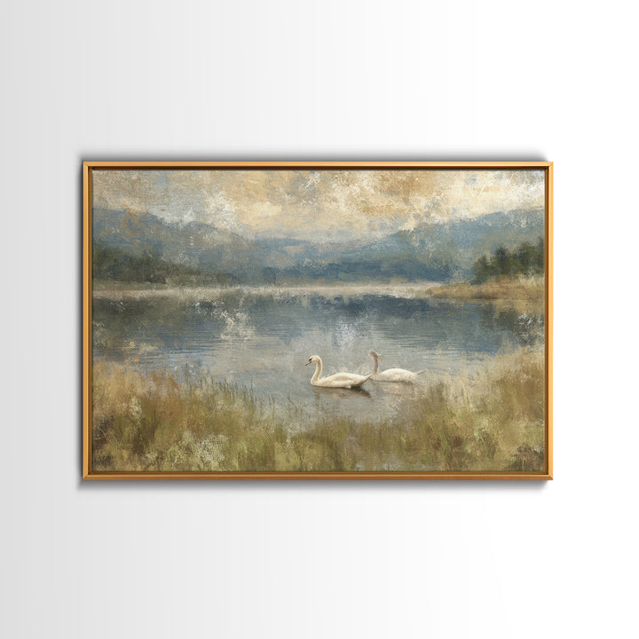 Paired Swans in a Dreamy Painterly Lake Canvas Print, Above Bed Art, Canvas Wall Art, Bedroom Decor, Watercolor Art, Serenity, ABA-3x2-26