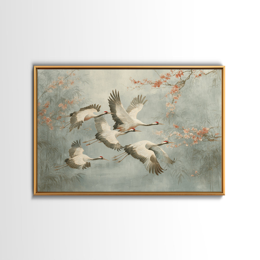 Ethereal Cranes Flying Through Pale Morning Mist Canvas Print, Above Bed Art, Sage Green Wall Art, Bedroom Decor, Oil Painting, ABA-3x2-37