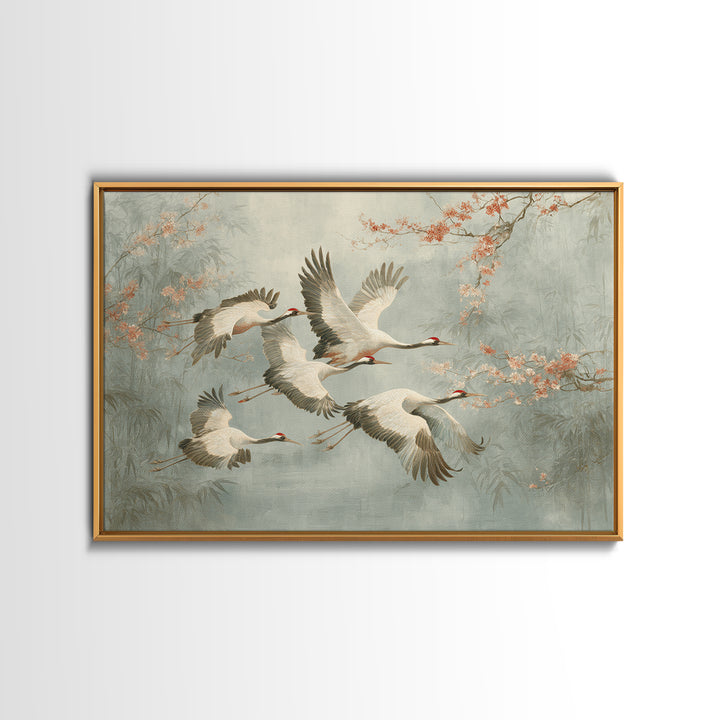 Ethereal Cranes Flying Through Pale Morning Mist Canvas Print, Above Bed Art, Sage Green Wall Art, Bedroom Decor, Oil Painting, ABA-3x2-37