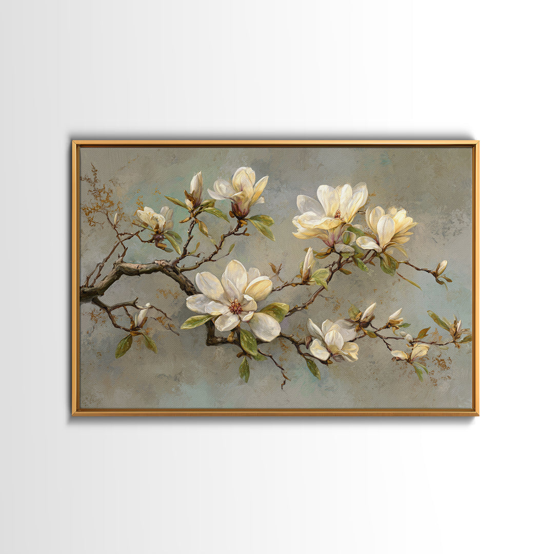 Delicate Magnolia Branch on Cream Background Canvas Print, Above Bed Art, Japanese Wall Art, Bedroom Decor, Fine Art, Serenity, ABA-3x2-44