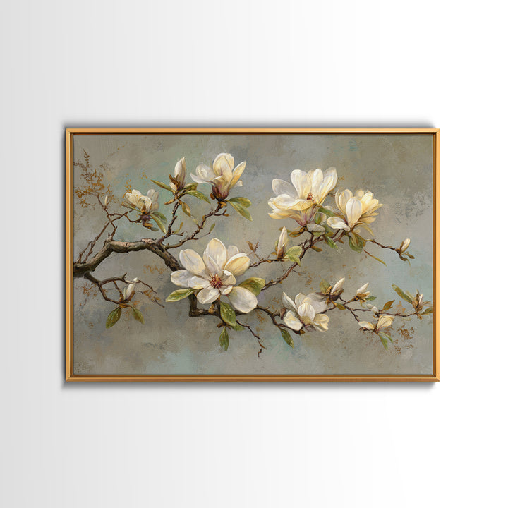 Delicate Magnolia Branch on Cream Background Canvas Print, Above Bed Art, Japanese Wall Art, Bedroom Decor, Fine Art, Serenity, ABA-3x2-44