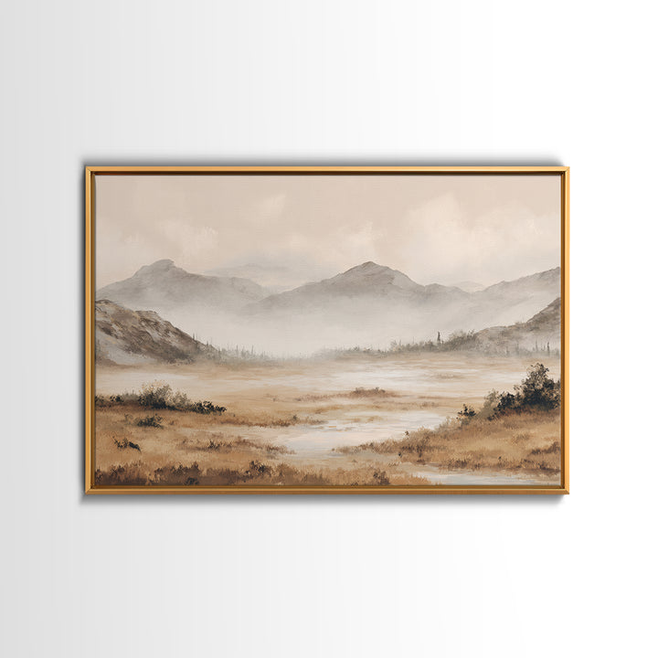 Panoramic Misty Mountain Landscape Framed Canvas Print, Above Bed Art, Dopamine Decor, Bedroom Decor, Oil Painting, Serenity, ABA-3x2-5