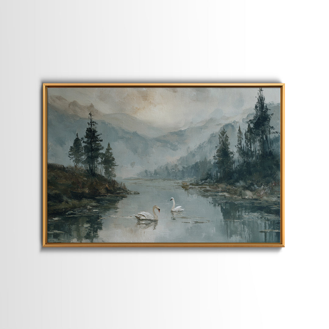 Paired Swans in a Dreamy Painterly Lake Framed Canvas Print, Above Bed Art, Living Room Decor, Bedroom Decor, Serenity, ABA-3x2-50
