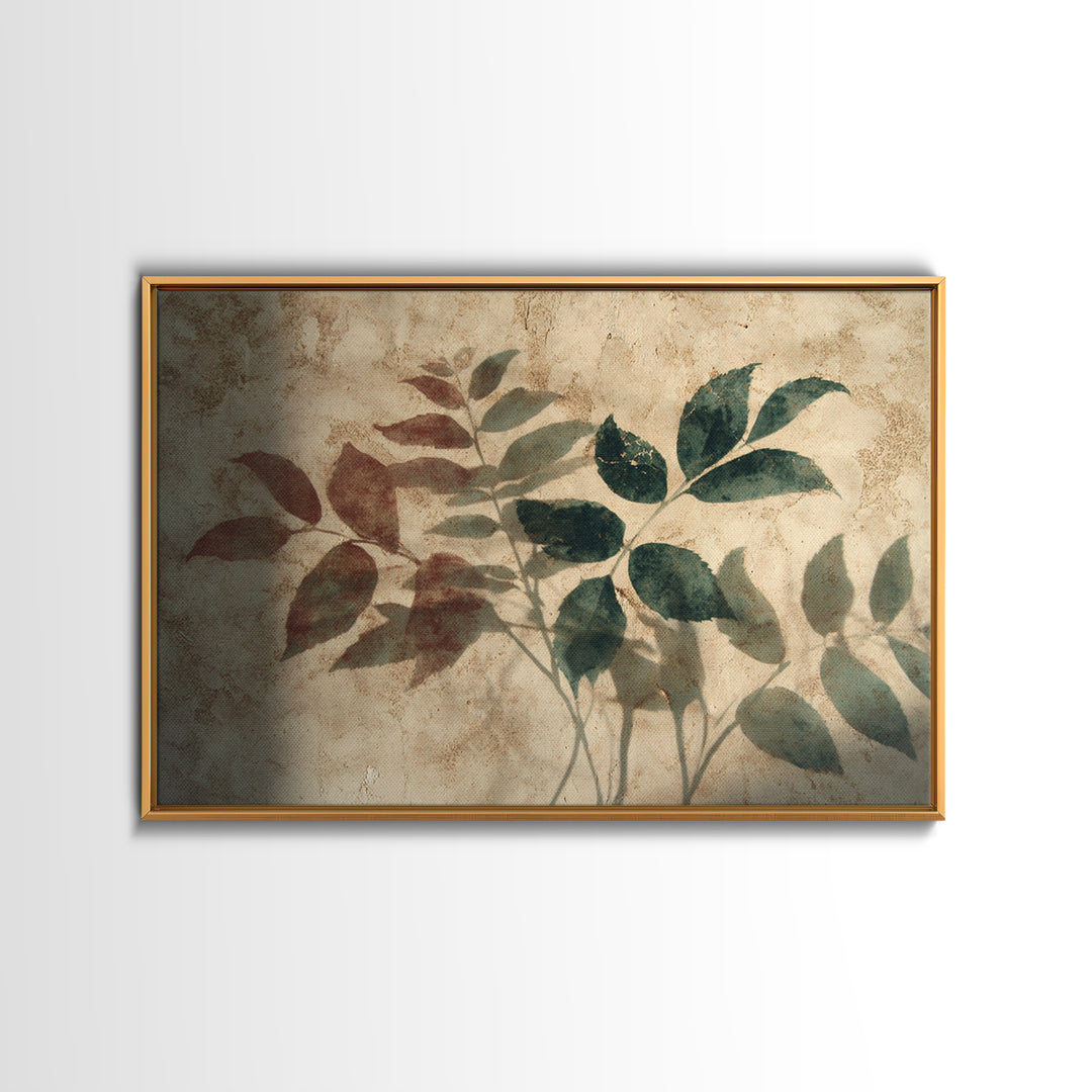 Tonal Botanical Shadows on Plaster Surface Canvas Print, Above Bed Art, Living Room Wall Art, Bedroom Decor, Oil Painting, ABA-3x2-51