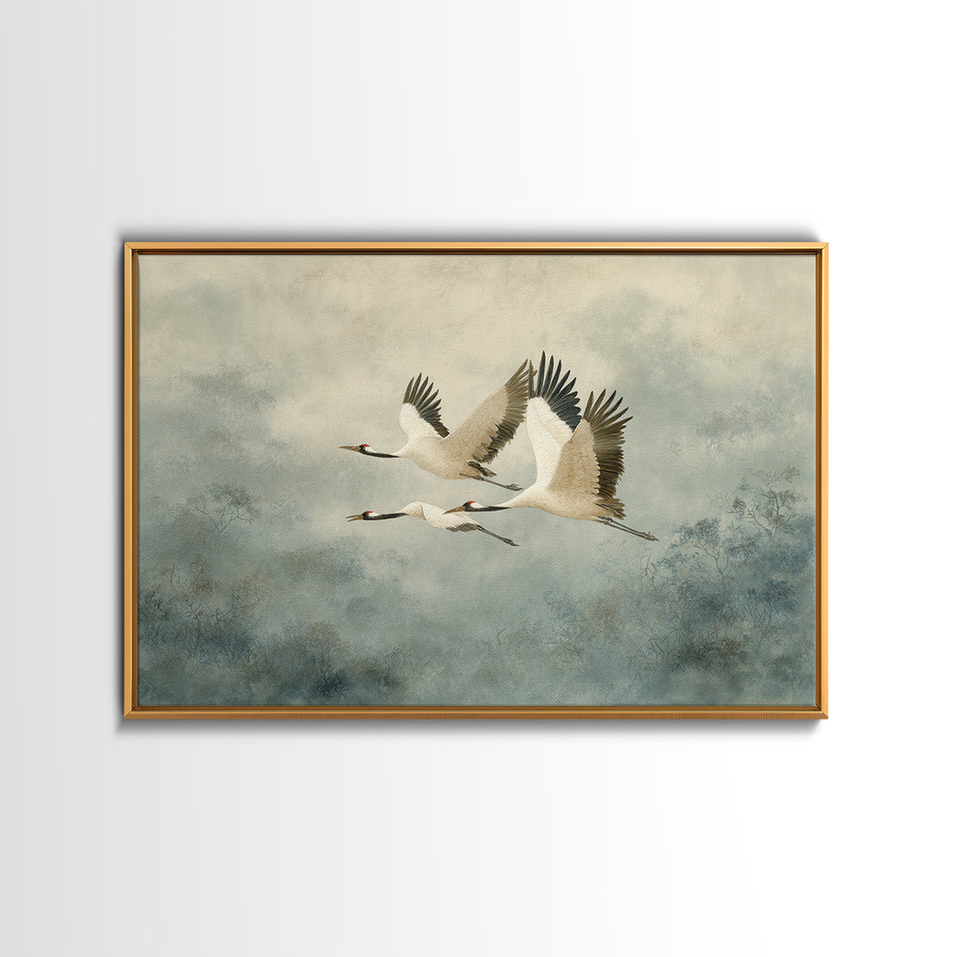 Ethereal Cranes Flying Through Pale Morning Mist Canvas Print, Above Bed Art, Sage Green Wall Art, Bedroom Decor, Oil Painting, ABA-3x2-61