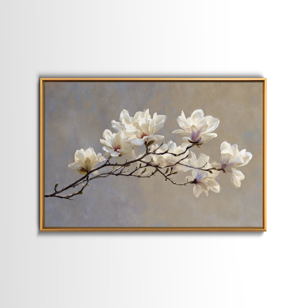 Delicate Magnolia Branch on Cream Background Canvas Print, Above Bed Art, Gallery Decor, Bedroom Decor, Oil Painting, Serenity, ABA-3x2-68