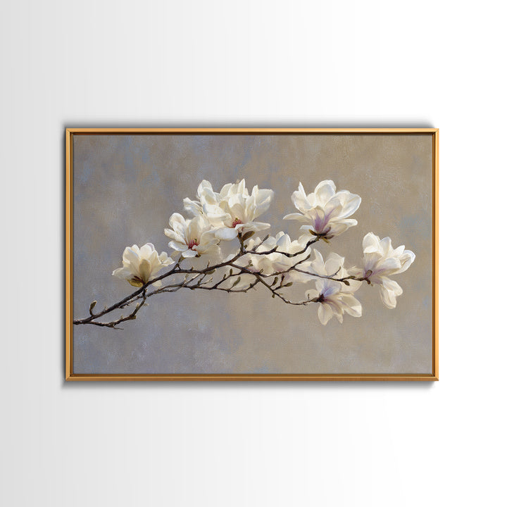 Delicate Magnolia Branch on Cream Background Canvas Print, Above Bed Art, Gallery Decor, Bedroom Decor, Oil Painting, Serenity, ABA-3x2-68