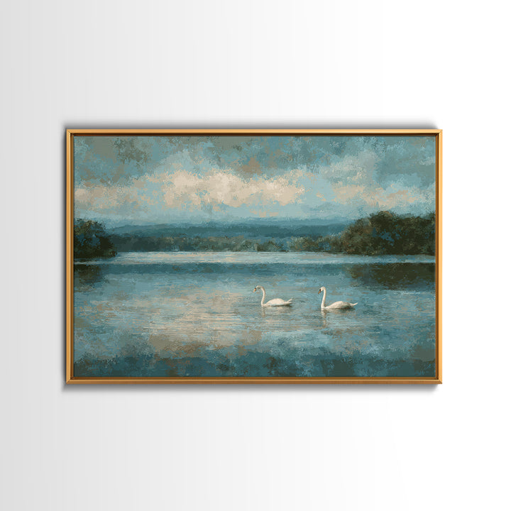 Paired Swans in a Dreamy Painterly Lake Framed Canvas Print, Above Bed Art, Living Room Decor, Bedroom Decor, Serenity, ABA-3x2-74