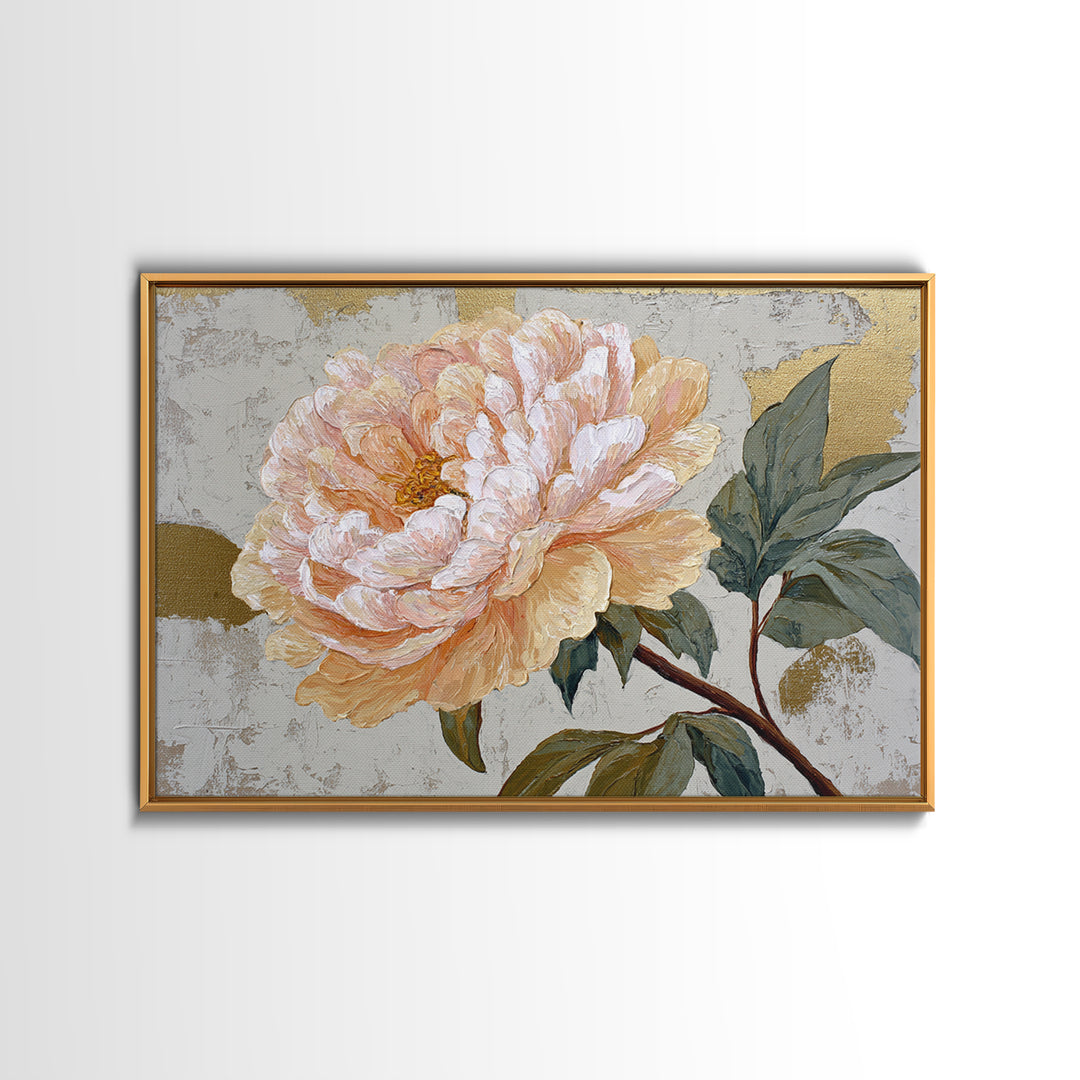 Romantic Oversized Peony Bloom on Warm Linen Framed Canvas Print, Above Bed Art, Boho Wall Decor, Bedroom Decor, Abstract Art, ABA-3x2-78