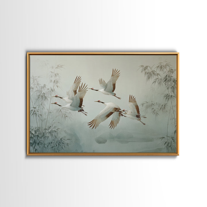 Ethereal Cranes Flying Through Pale Morning Mist Framed Canvas Print, Above Bed Art, Bedroom Wall Art, Bedroom Decor, Serenity, ABA-3x2-85