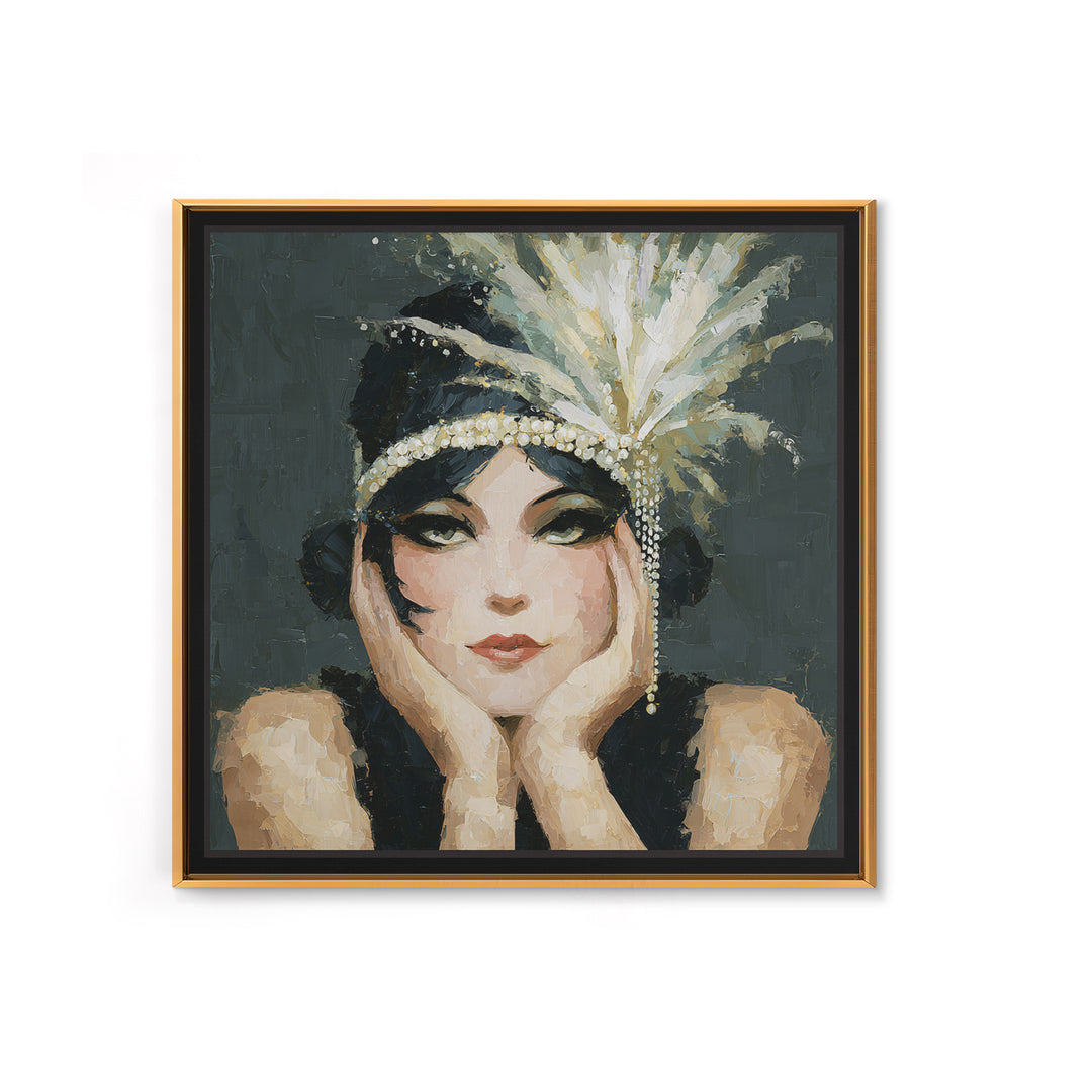 Flapper Portrait with Pearl Strands and Dramatic Framed Canvas Print, Art Deco Art, Gallery Decor, Living Room Decor, Glamour, ADA-1x1-38
