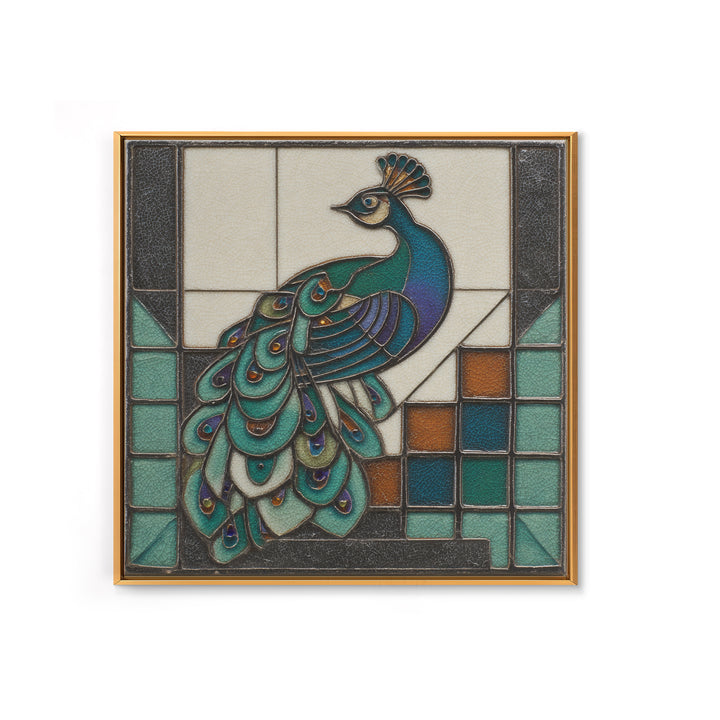 Sleek Peacock with Jeweled Feathers and Stepped Canvas Print, Art Deco Art, Blue Wallpaper, Living Room Decor, Glamour, ADA-1x1-51