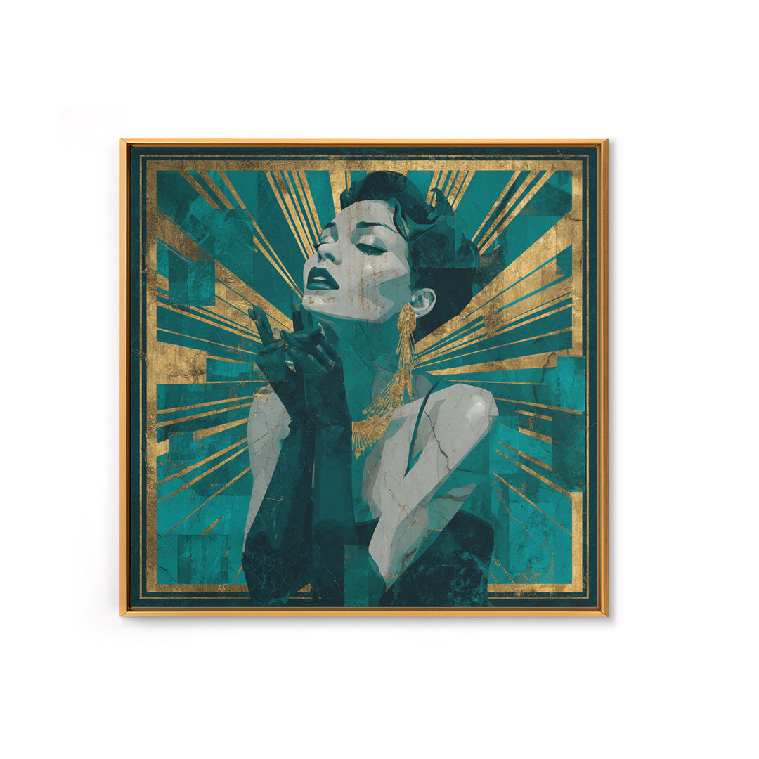 Moonlit Jazz Singer Framed by Gold Lines Canvas Print, Art Deco Art, Fine Art Print, Living Room Decor, Abstract Art, Glamour, ADA-1x1-95
