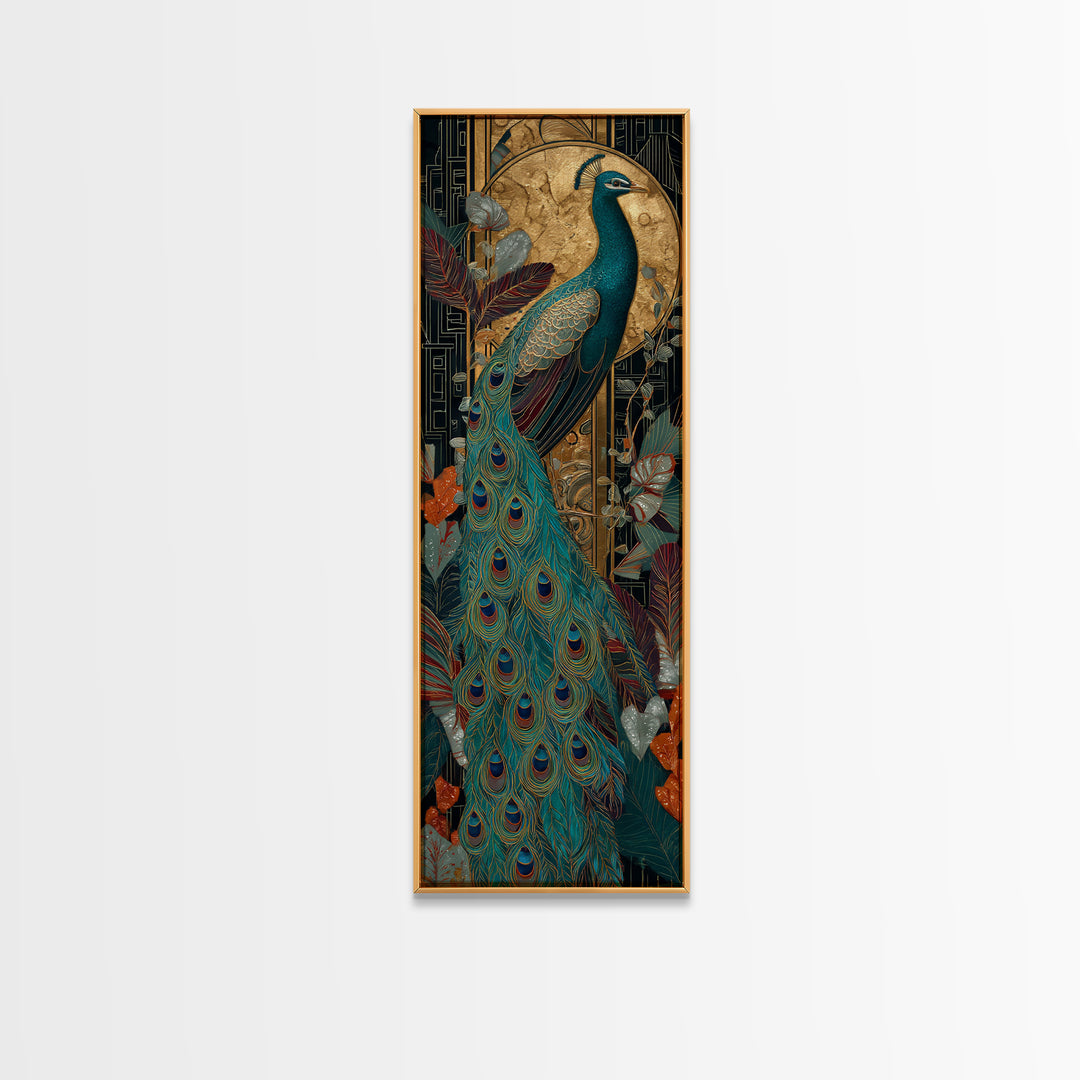 Emerald Peacock Feather Pattern Framed Canvas Print, Art Deco Art, Art Prints, Living Room Decor, Glamour, Apartment Decor, ADA-1x3-36