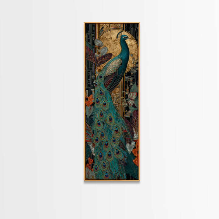 Emerald Peacock Feather Pattern Framed Canvas Print, Art Deco Art, Art Prints, Living Room Decor, Glamour, Apartment Decor, ADA-1x3-36