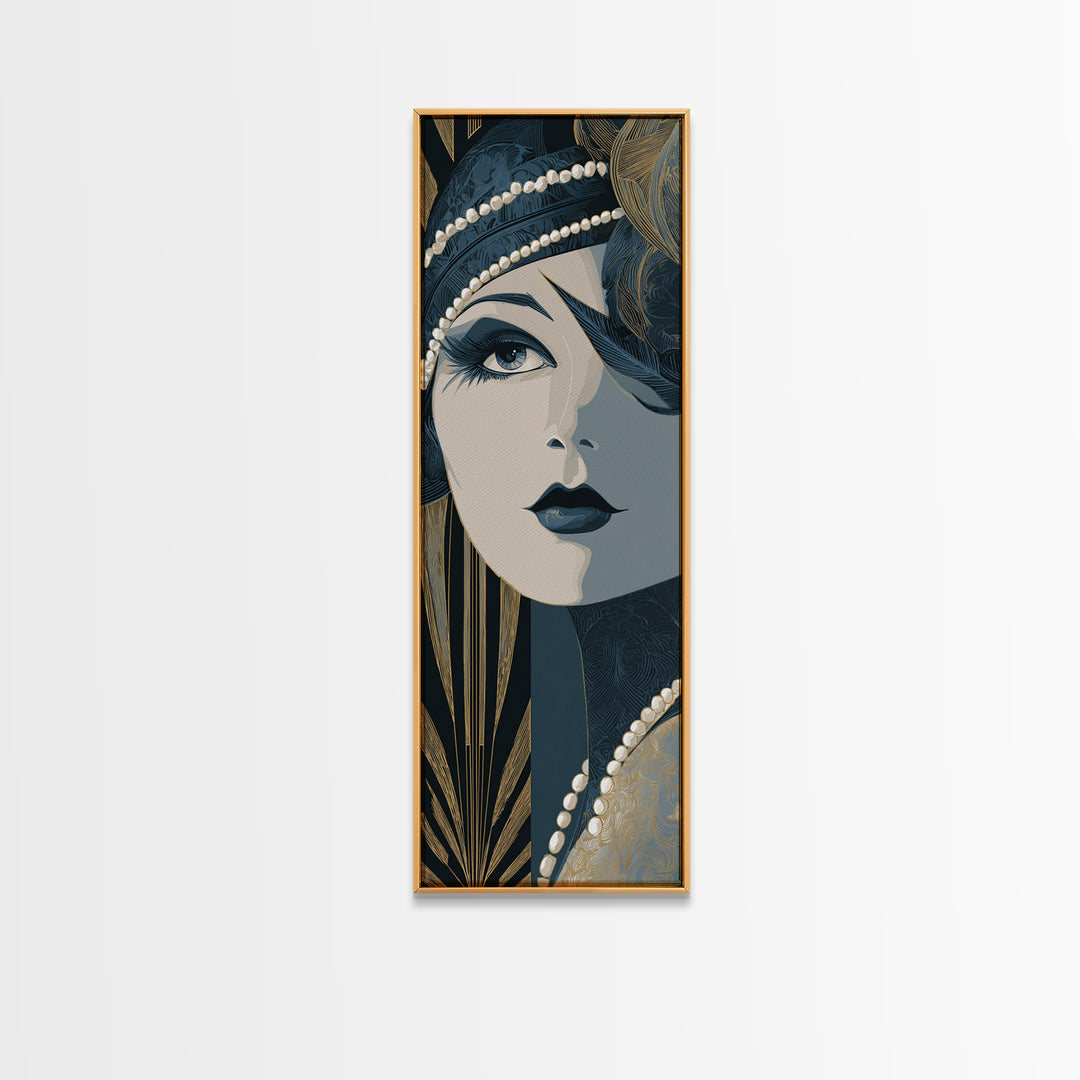Flapper Portrait with Pearl Strands and Dramatic Canvas Print, Art Deco Art, Fine Art Print, Living Room Decor, Glamour, ADA-1x3-50