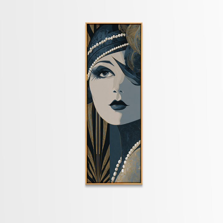 Flapper Portrait with Pearl Strands and Dramatic Canvas Print, Art Deco Art, Fine Art Print, Living Room Decor, Glamour, ADA-1x3-50