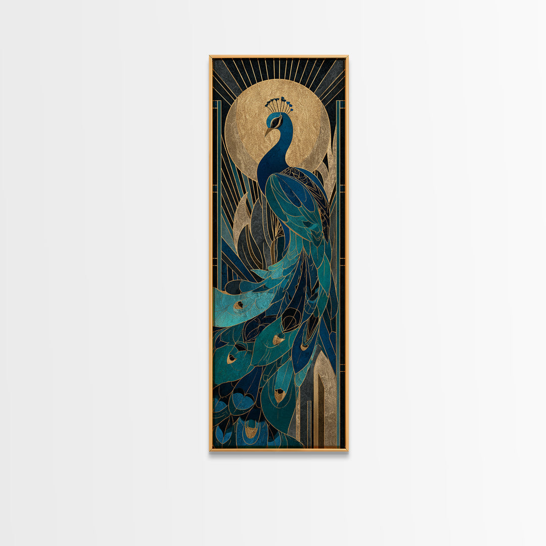 Sleek Peacock with Jeweled Feathers and Stepped Canvas Print, Art Deco Art, Blue Wallpaper, Living Room Decor, Abstract Art, ADA-1x3-63