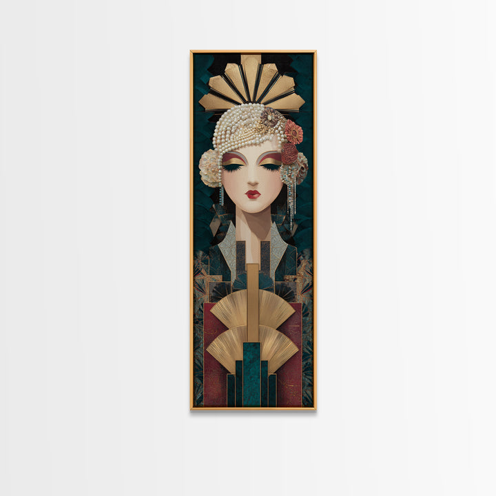 Flapper Portrait with Pearl Strands and Dramatic Canvas Print, Art Deco Art, Fine Art Print, Living Room Decor, Glamour, ADA-1x3-74