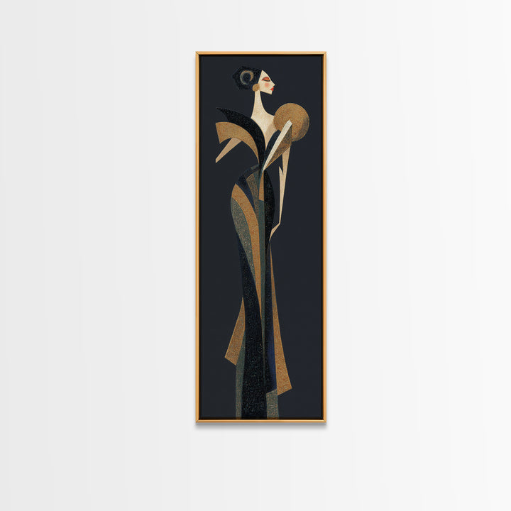 Deco Dancer in Beaded Dress and Angular Framed Canvas Print, Art Deco Art, Boho Decor, Living Room Decor, Oil Painting, Glamour, ADA-1x3-91