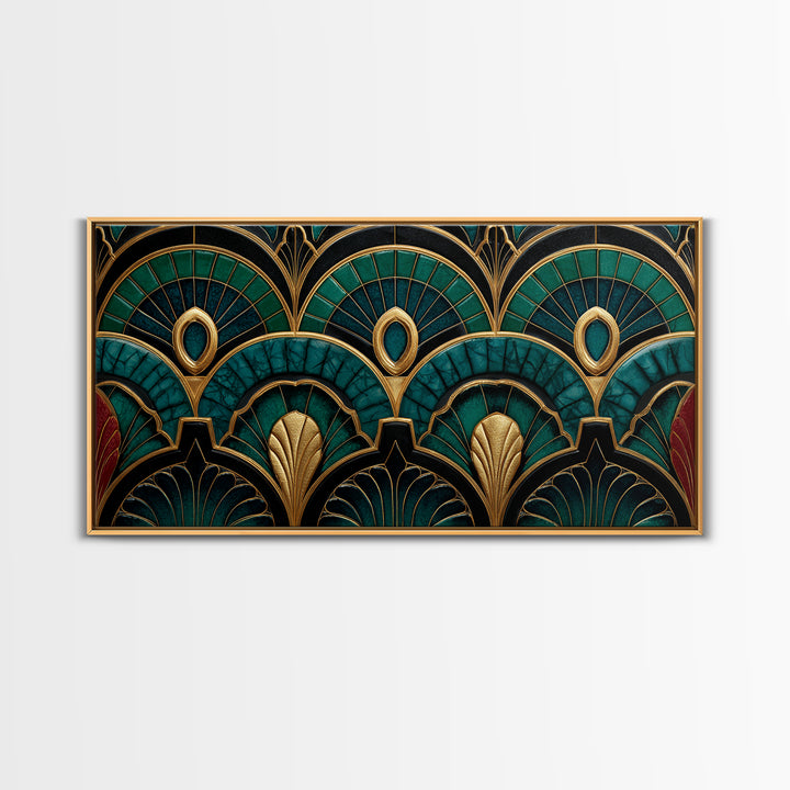Emerald Peacock Feather Pattern Framed Canvas Print, Art Deco Art, Statement Artwork, Living Room Decor, Fine Art, Glamour, ADA-2x1-20