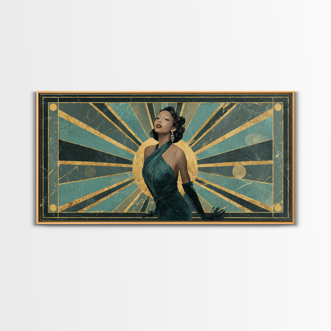 Moonlit Jazz Singer Framed by Gold Lines Framed Canvas Print, Art Deco Art, Digital Art, Living Room Decor, Fine Art, Glamour, ADA-2x1-43