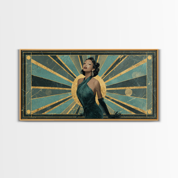 Moonlit Jazz Singer Framed by Gold Lines Framed Canvas Print, Art Deco Art, Digital Art, Living Room Decor, Fine Art, Glamour, ADA-2x1-43