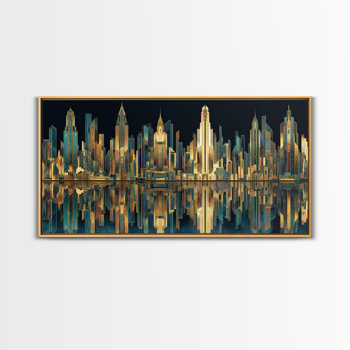 Stylized City Skyline Framed Canvas Print, Art Deco Art, Art, Living Room Decor, Fine Art, Glamour, Art Nouveau, Abstract Art, ADA-2x1-50