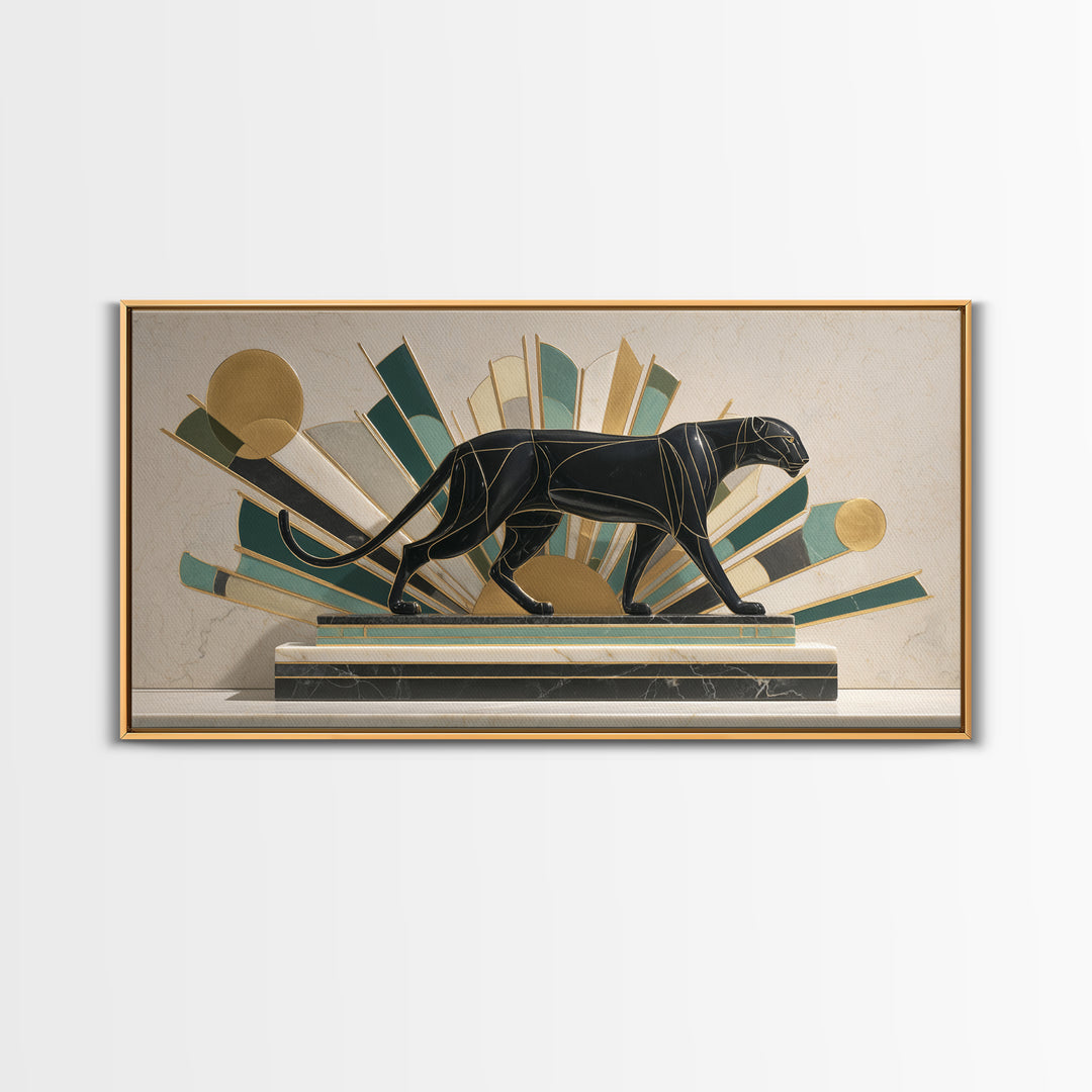 Black Panther Sculpture on a Marble Plinth Framed Canvas Print, Art Deco Art, Gallery Wall Art, Living Room Decor, Glamour, ADA-2x1-79