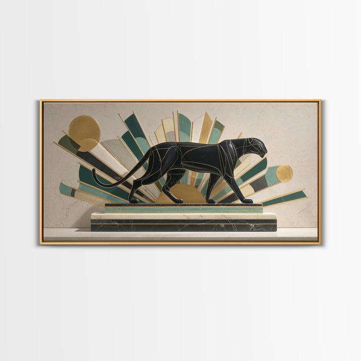 Black Panther Sculpture on a Marble Plinth Framed Canvas Print, Art Deco Art, Gallery Wall Art, Living Room Decor, Glamour, ADA-2x1-79