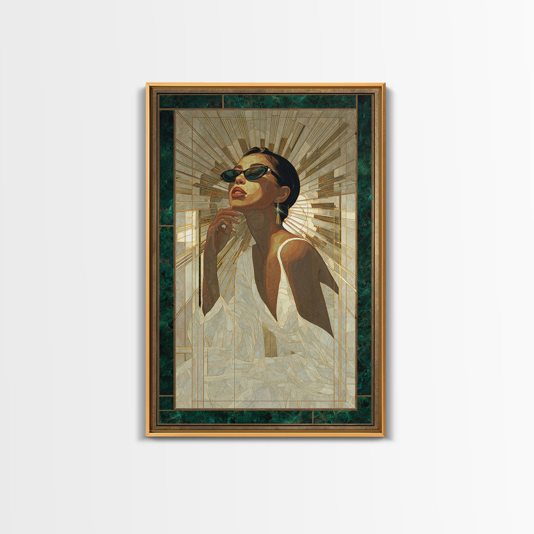 Moonlit Jazz Singer Framed by Gold Lines Canvas Print, Art Deco Art, Boho, Living Room Decor, Abstract Art, Glamour, ADA-2x3-79