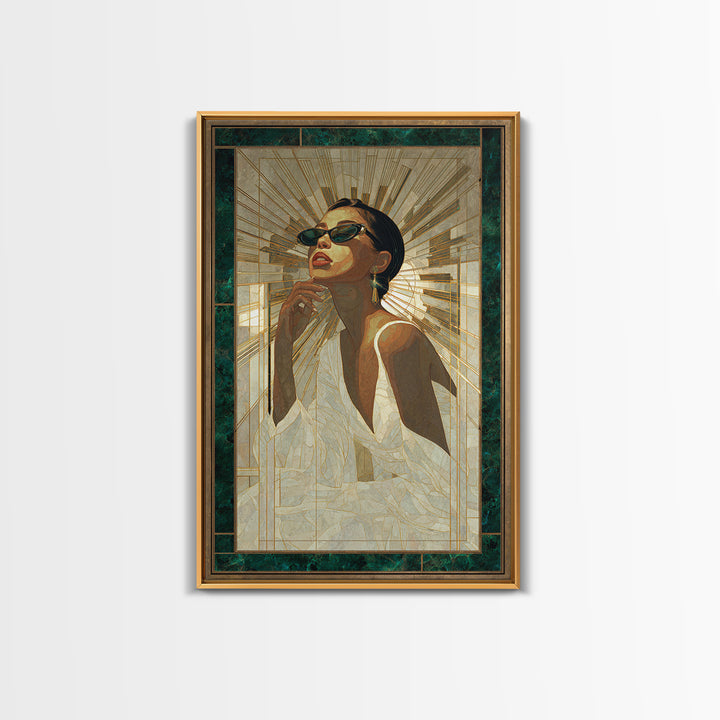 Moonlit Jazz Singer Framed by Gold Lines Canvas Print, Art Deco Art, Boho, Living Room Decor, Abstract Art, Glamour, ADA-2x3-79