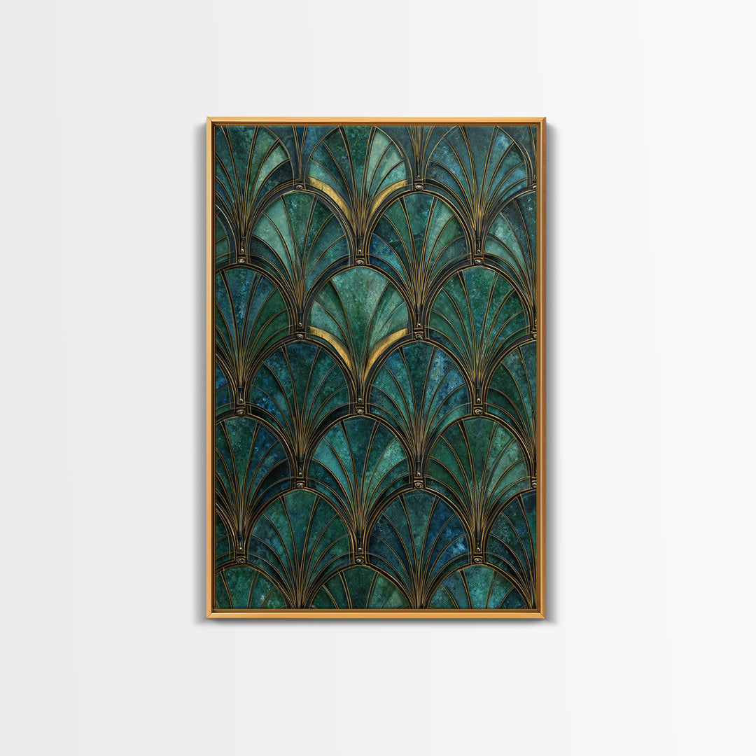 Emerald Peacock Feather Pattern Framed Canvas Print, Art Deco Art, Blue Wallpaper, Living Room Decor, Oil Painting, Glamour, ADA-2x3-8