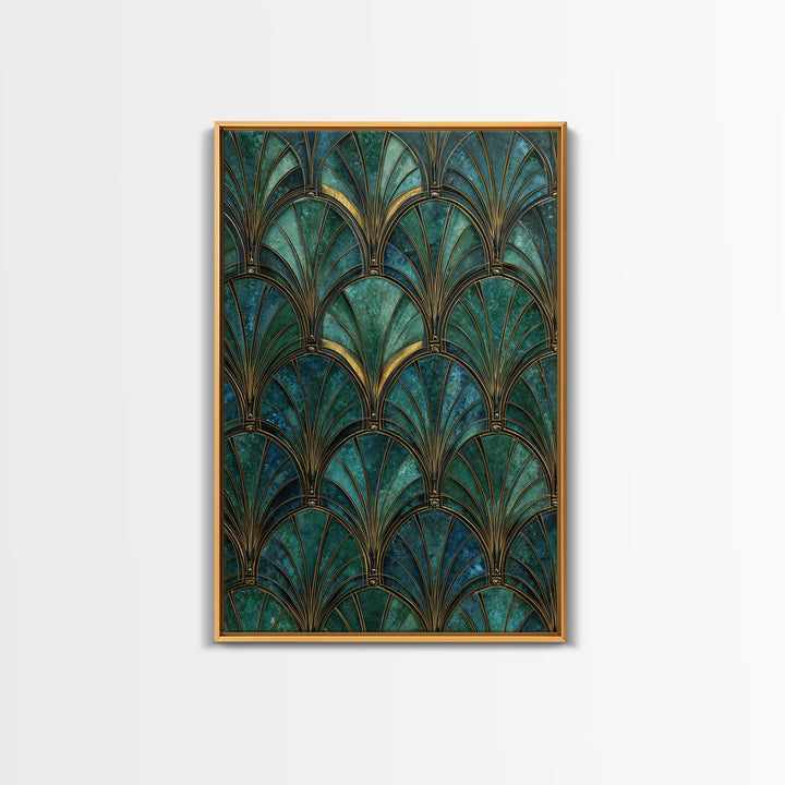 Emerald Peacock Feather Pattern Framed Canvas Print, Art Deco Art, Blue Wallpaper, Living Room Decor, Oil Painting, Glamour, ADA-2x3-8