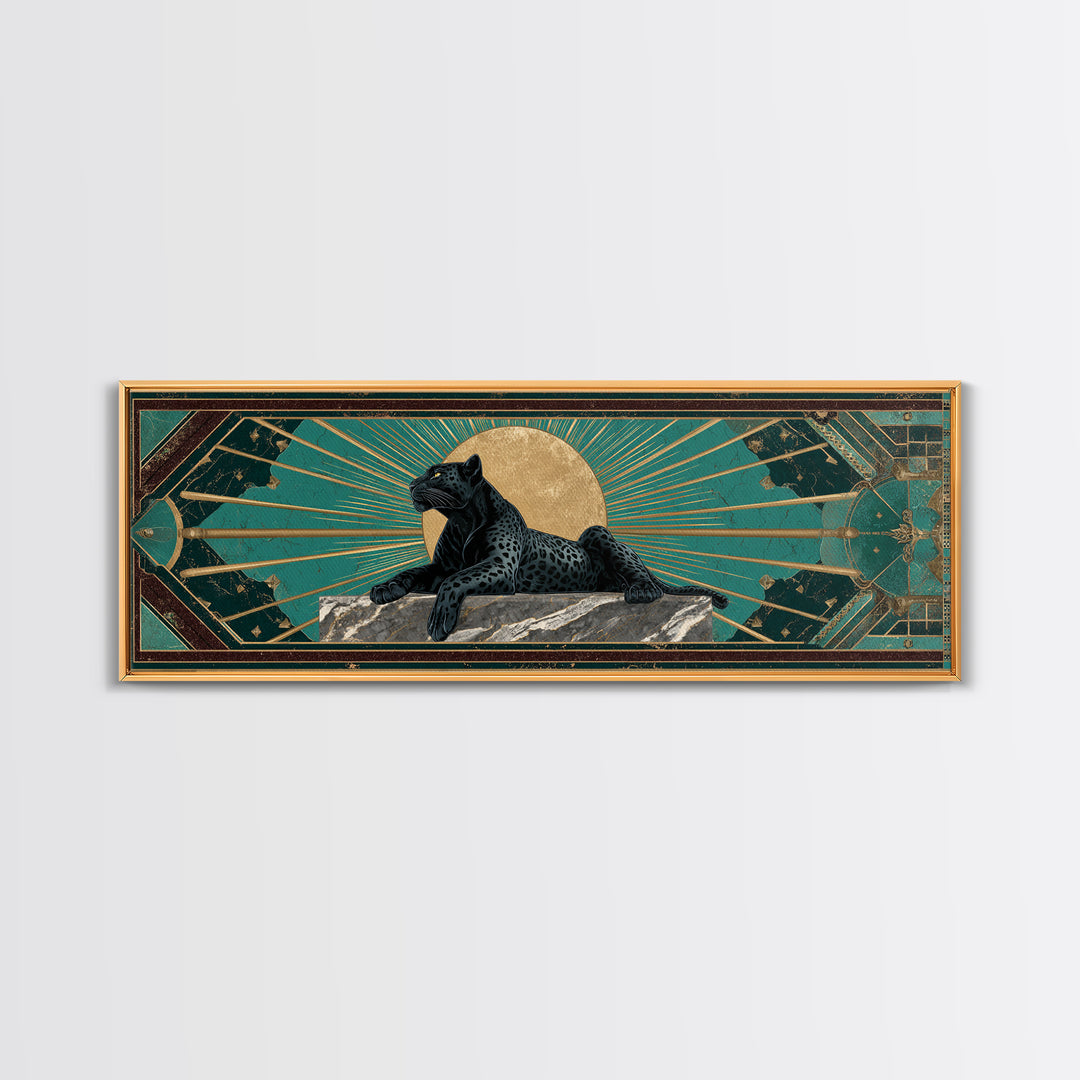 Black Panther Sculpture on a Marble Plinth Framed Canvas Print, Art Deco Art, Textured Painting, Living Room Decor, Glamour, ADA-3x1-27